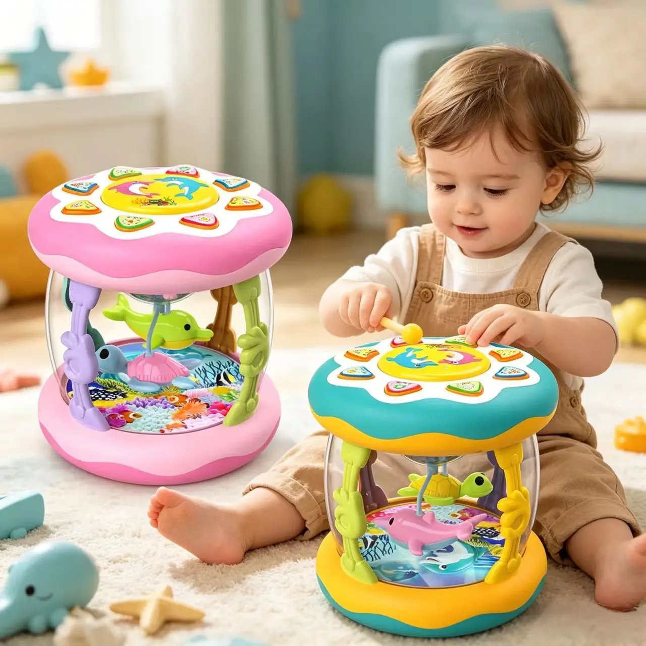Unisex Plastic Animal & Nature Themed Infant Sensory Hand Drum Musical Toy - 8 Music Rhythms, Rotating Lights, Grip-Attracting, Crawling-Encouraging, Rattle Maracas, Battery-Required, for 12+ Months & 2-5 Years Children Development