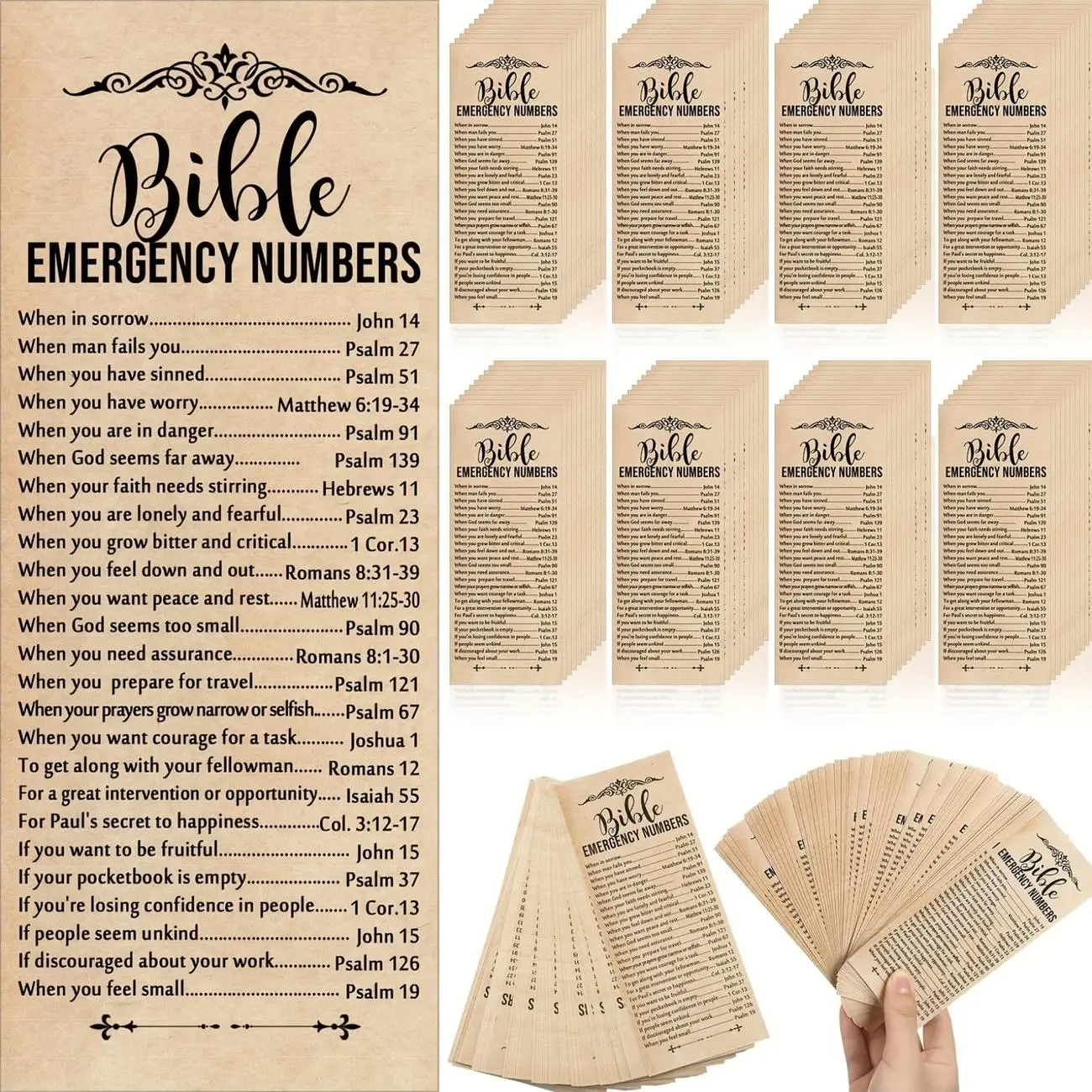 50/100 Sheets Bible Verse, Uplifting, Inspiration Verses Bookmark Cards - 2.36" x 6" - Brown Paper Bookmarks with Emergency Numbers for Church, Personal Devotion, Church Events - Gift for Bible Study Groups