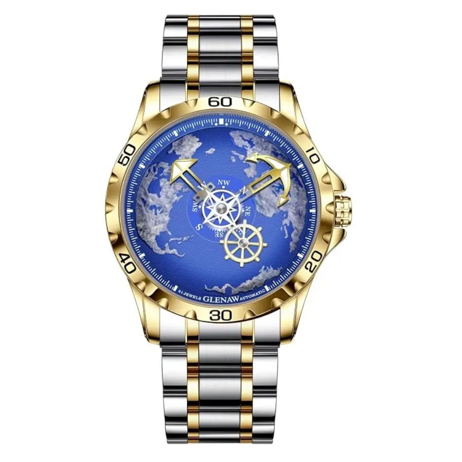 Men's Automatic Mechanical Watch, World Map Earth Dial with Anchor Wheel, Stainless Steel Band, Luminous Hands 3ATM Waterproof Business Wrist Watch Gift For Him