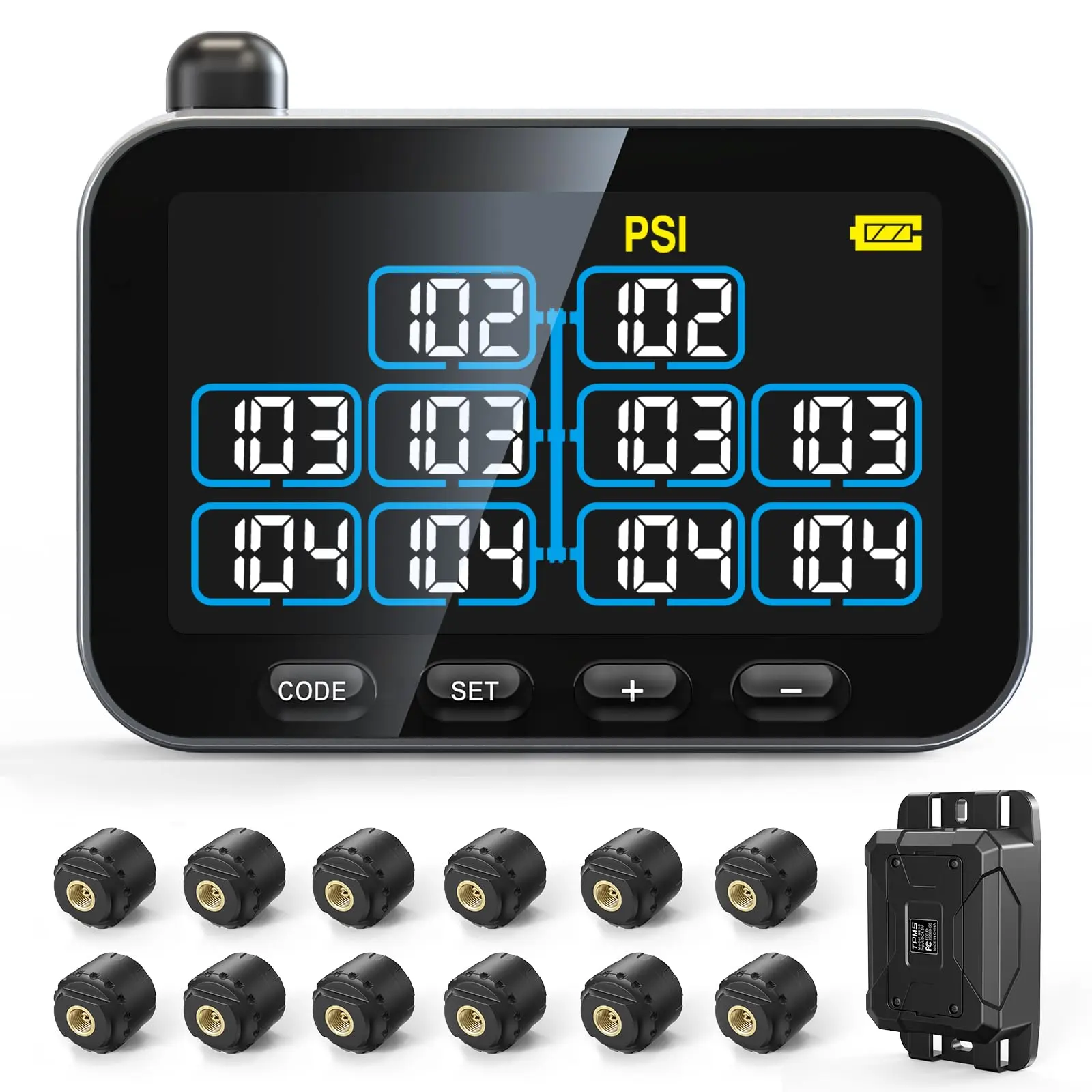 GUTA GT30 Wireless Tyre Pressure Monitoring System Sensor Set, Waterproof TPMS with 4 Sensors, Large Color LCD Display, 6 Alarm Modes, 0-188 PSI, Monitors Up to 46 Tires for Motorhomes, RV Trailers