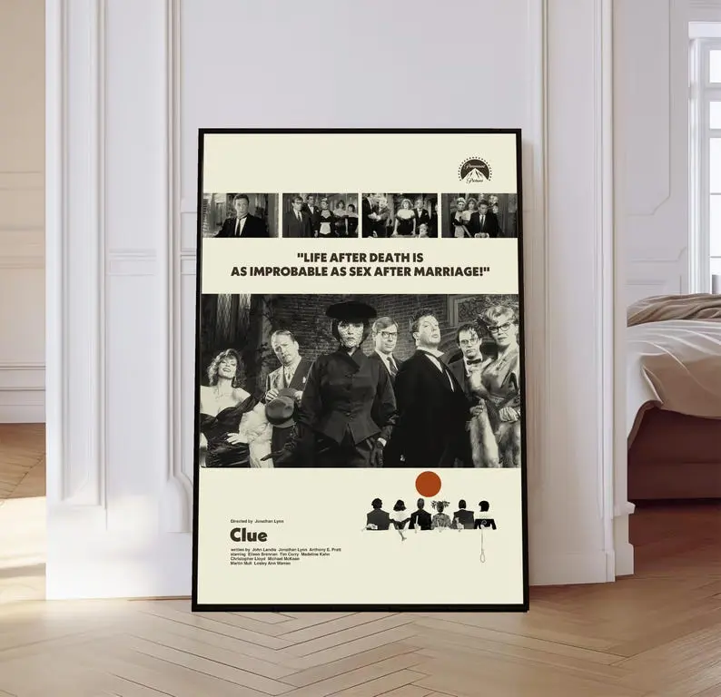 Clue Movie Poster, Clue Poster, Mid century Art, Retro Modern Poster, Black And White Poster, Vintage Movie Poster, Gift for him