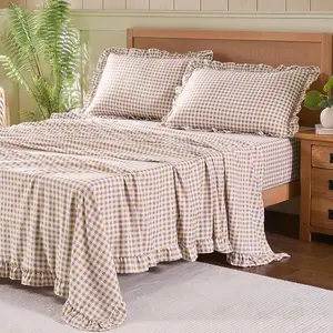 Gingham Full Sheet Set, Lightweight Super Soft Brushed Microfiber Plaid Bed Sheets with 16" Deep Pocket, 4 count Ruffle Farmhouse Bedroom Decor, Taupe