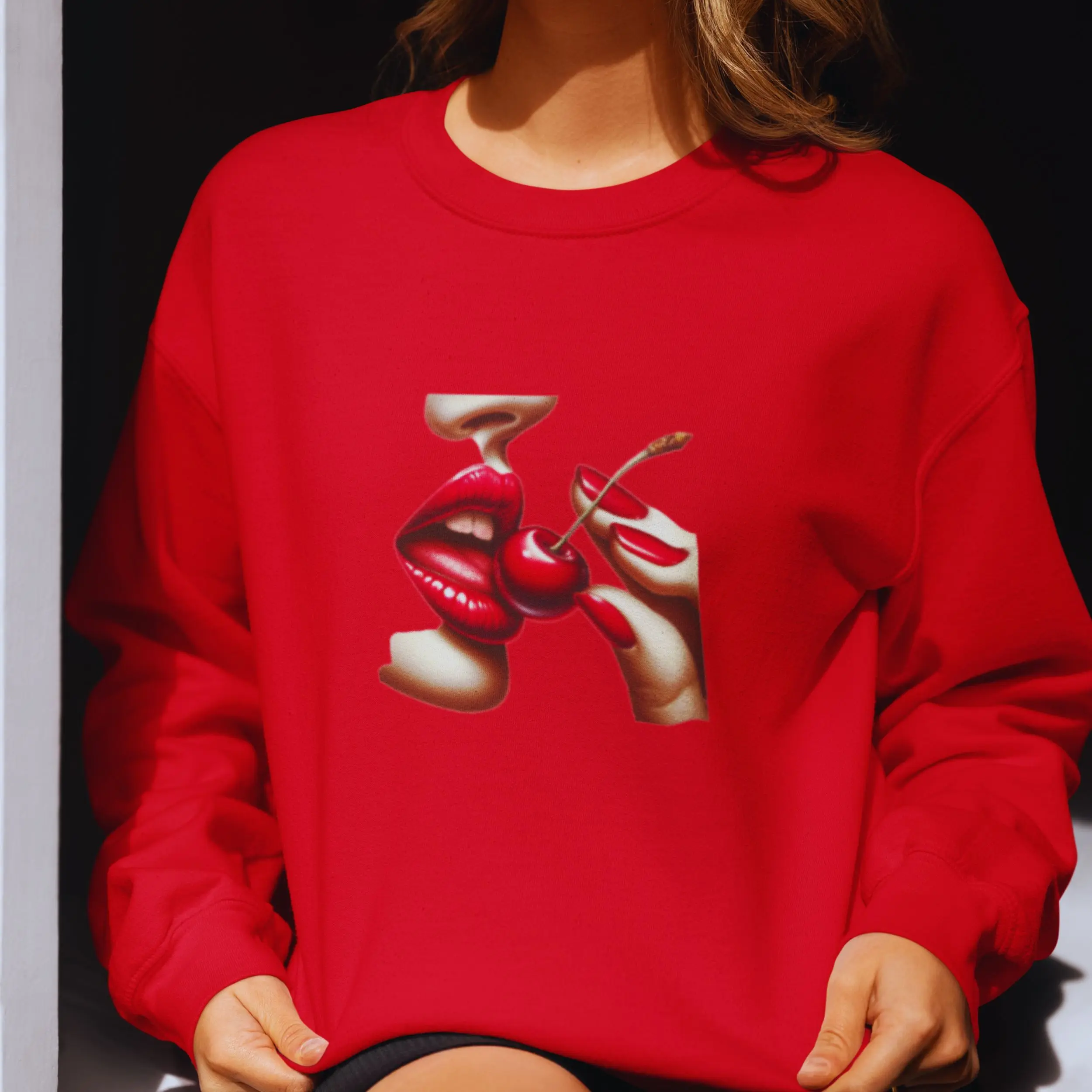 Women's Graphic Sweatshirt: Bold Red Lipstick & Cherry Design, Perfect for Statement Style & Gifts Everyday Comfort comfortcolors sweatshirt