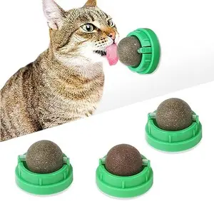 4PCS Wall-Mounted Catnip Ball Toys for Indoor Cats – Natural Silvervine Cat Treat Lick Balls, Self-Adhesive Stress Relief & Teeth Cleaning Toy