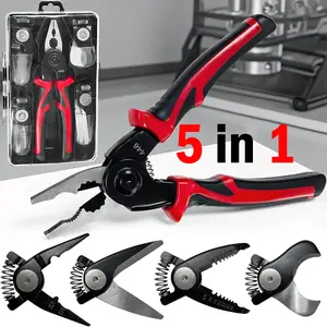 5-1 pliers set, including five interchangeable tool heads—wire stripper, crimping pliers, cable cutter, electrician scissors, and line pliers— ergonomic 8inch handle, storage case, and multi-functional wrench. mechanic tools, tools and gadgets for him