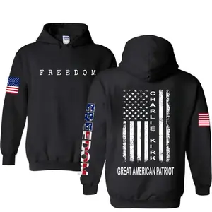 Charlie Kirk Great American Patriot Hoodie/Sweatshirt 2Side, Memorial Tribute with US Flag Graphic, Pray for Charlie Kirk Pullover Sweatshirt, FREEDOM A True Patriot Charlie Kirk Unisex Wear