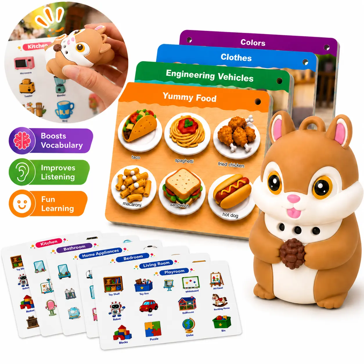 Montessori Phonics & Sight Words Talking Squirrel Set, Interactive Learning Toy with Educational Cards & 72 Washable Reusable Stickers, Screen-Free Vocabulary Toy for Toddlers & Preschool Kids