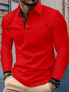 Men's Casual Business Polo Shirt, Comfortable Patchwork Fitted Long Sleeve Top, Suitable for Office or Daily Wear, Spring & Fall Fashion
