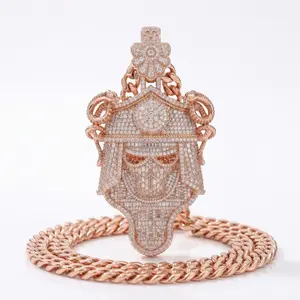 Luxury Iced Out Samurai Warrior Mask Pendant Necklace, Premium Baguette Diamond Shogun Helmet Medallion, Japanese Ninja Bushido Hip Hop Jewelry for Men, 14K Gold Silver Rose Gold Plated Art Piece with Rope Chain, Necklace Gift