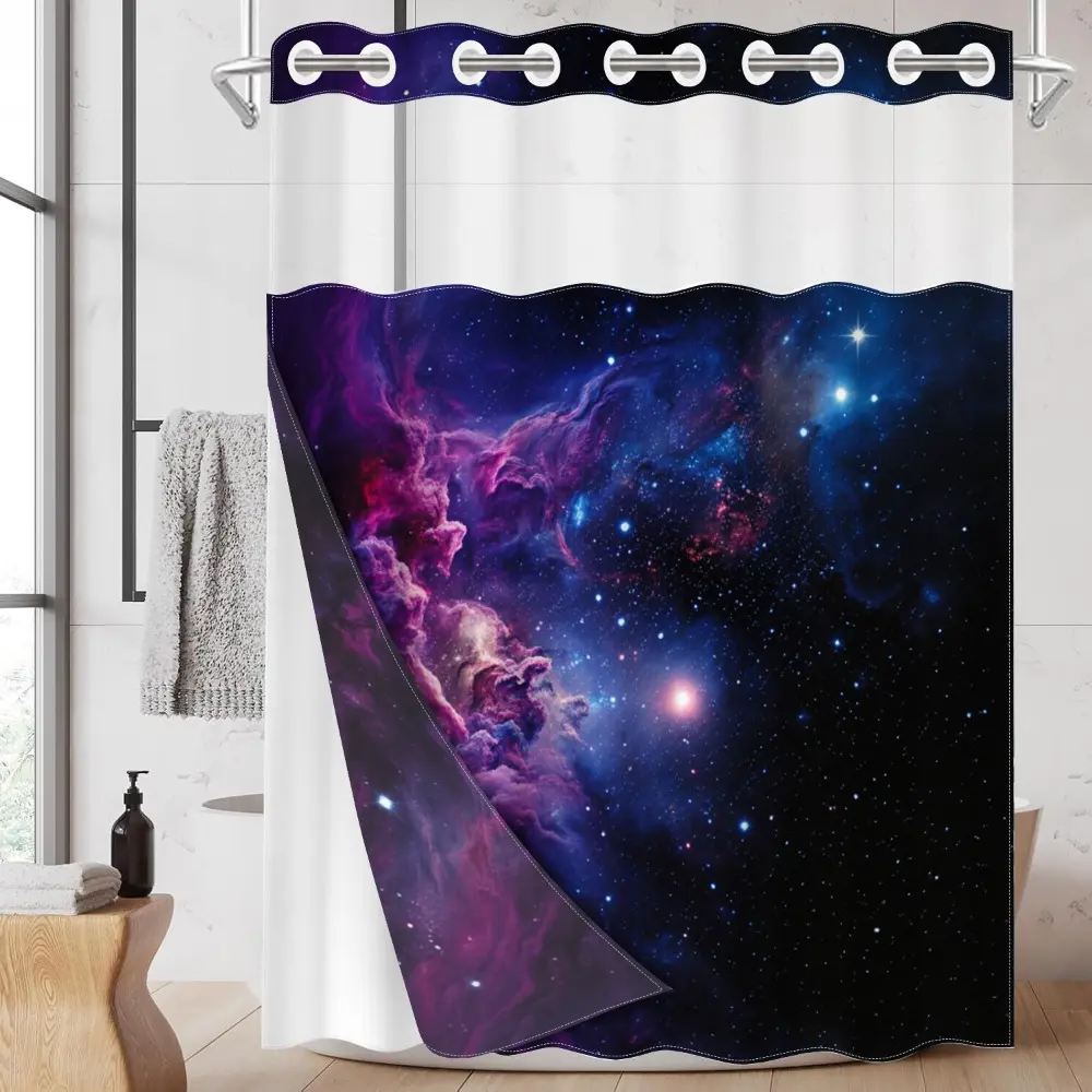 1pc hookless shower curtain liner with buckle lining, 2D printing of purple-blue nebula starry sky design, waterproof fabric lining, double-layered shower curtain with see-through window, Aesthetic shower curtain, 71 x 74 inches, modern home curtain