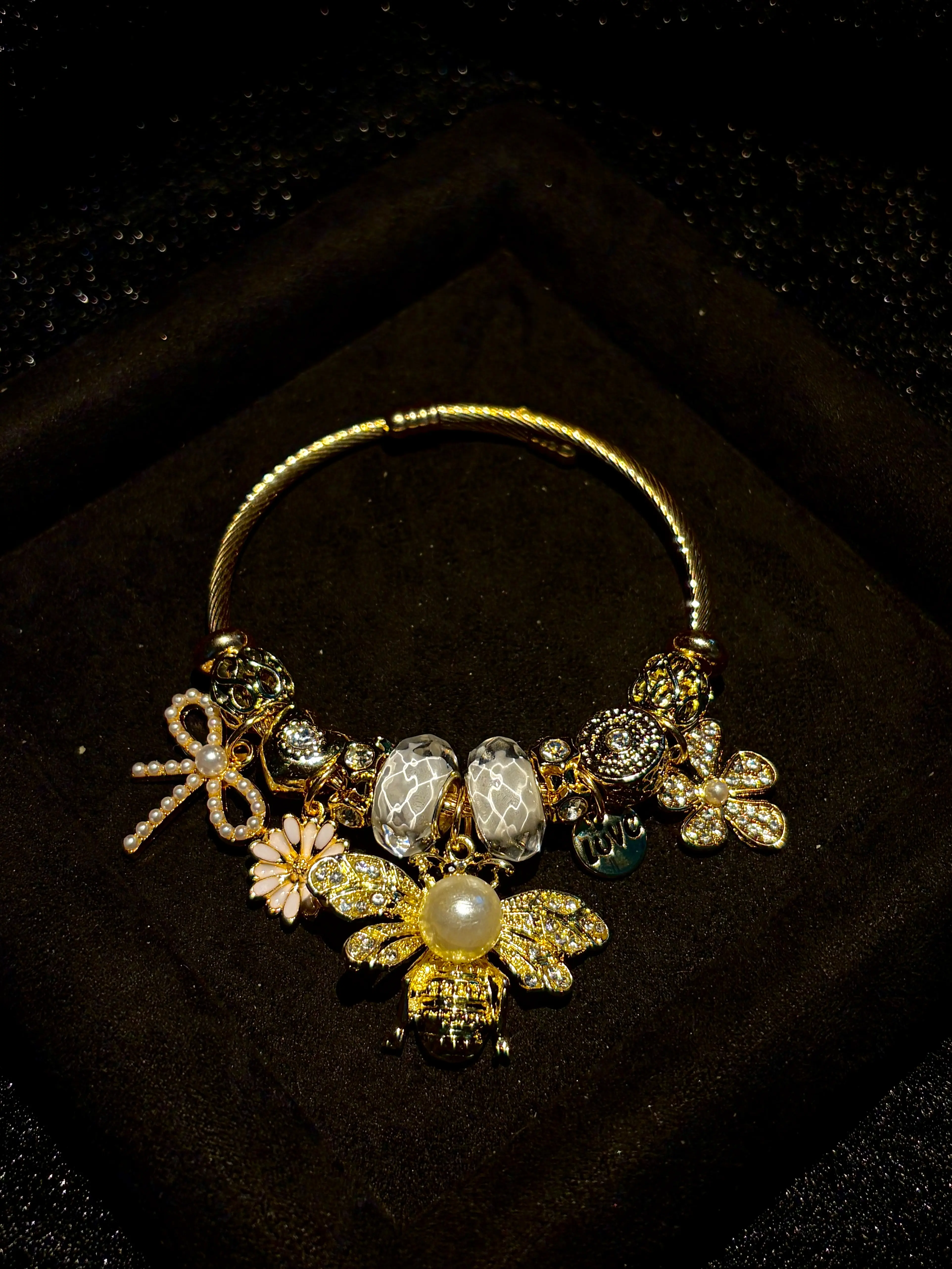 Golden Bee Charm Open Cuff Bangle, Pearl Crystal Floral Beaded Bracelet Adjustable Jewelry Gift for Women