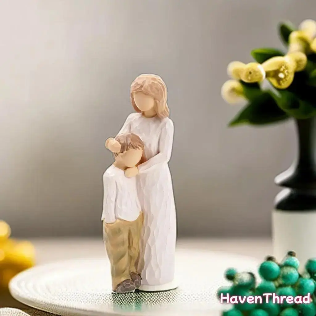 HavenThread Modern Desktop-Size Mother-Son Artificial Resin Statue Figurine Set, Collectible Figurines, Decorative Sculpture for Living Room Home Decor, Mother's Day Gifts, Artificial Resin Figurines