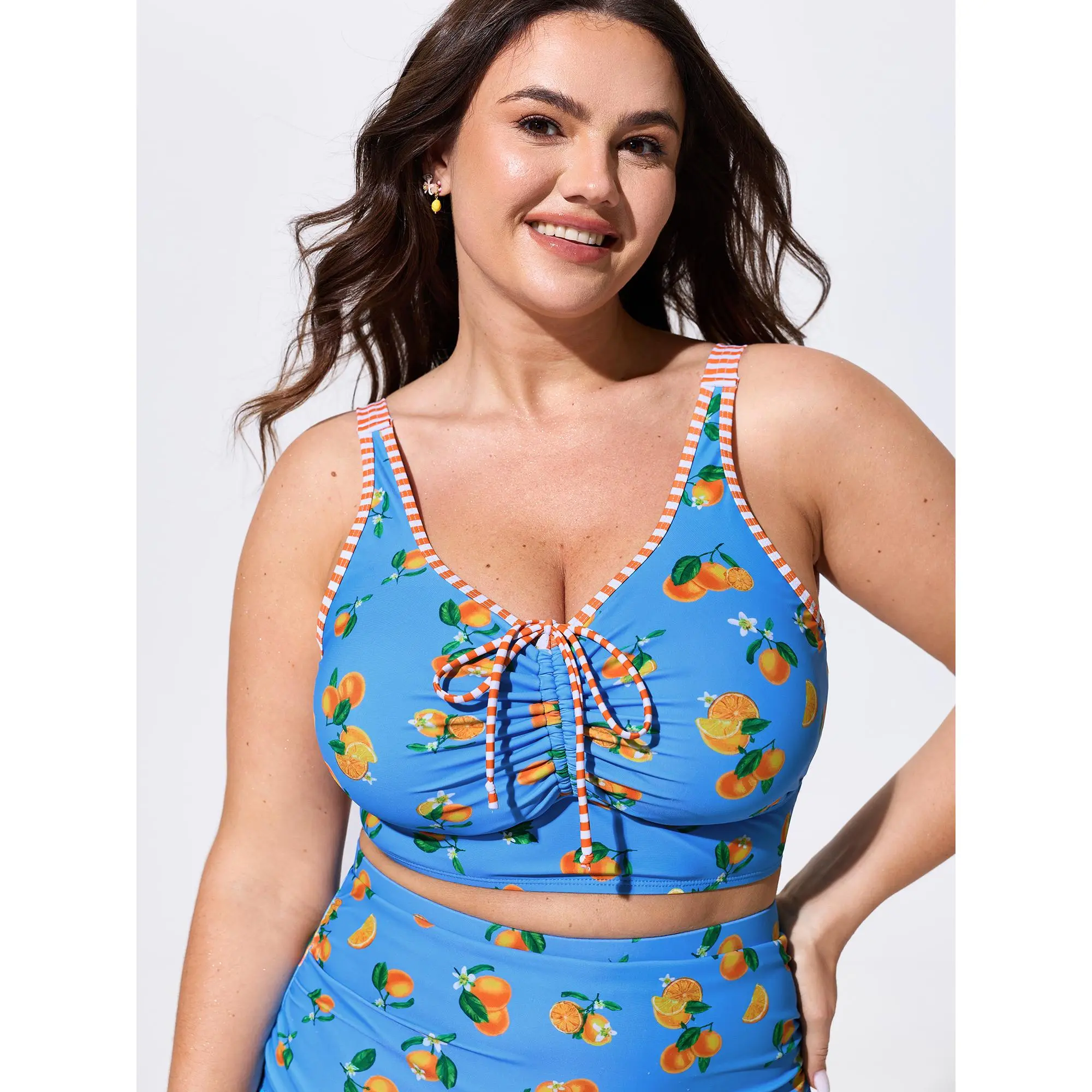BloomChic Women's Plus Size Swim Top in Citrus Fruit Print with Adjustable Striped Straps, Padded Bikini Top, Plus Size Swimsuits, Sleeveless, Adjustable Straps, Stripes, Polyester Blend, 95% Polyester, 5% Spandex, Citrus Print, Padded Top