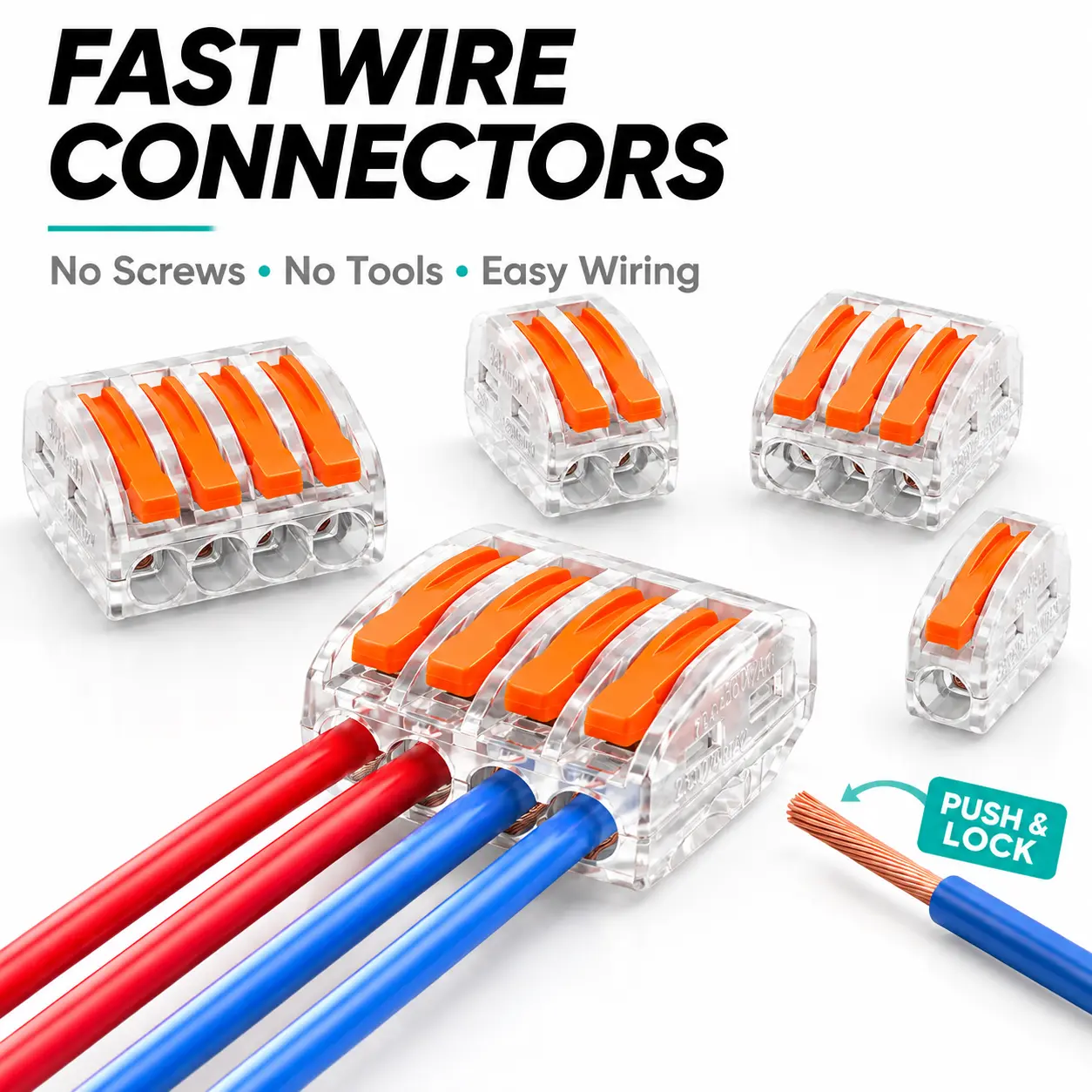 Reusable 2-Port Lever Wire Connectors, Tool-Free Push-In Terminal Blocks for 28-12 AWG Wires, Home Wiring & Lighting DIY Projects
