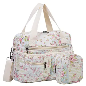 2-Piece Set Small Floral Quilted Tote Bags for Women Multi-Pocket Crossbody & Shoulder Handbags for Work Travel & Everyday Use