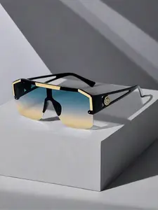 1pcs metal fittings, large square frame, Bold frame, casual gold fittings, decorated baby pink coated lenses, graffiti tie-dye, casual, bohemian retro party, cute street, elegant PC, polycarbonate rivets, classic small frame