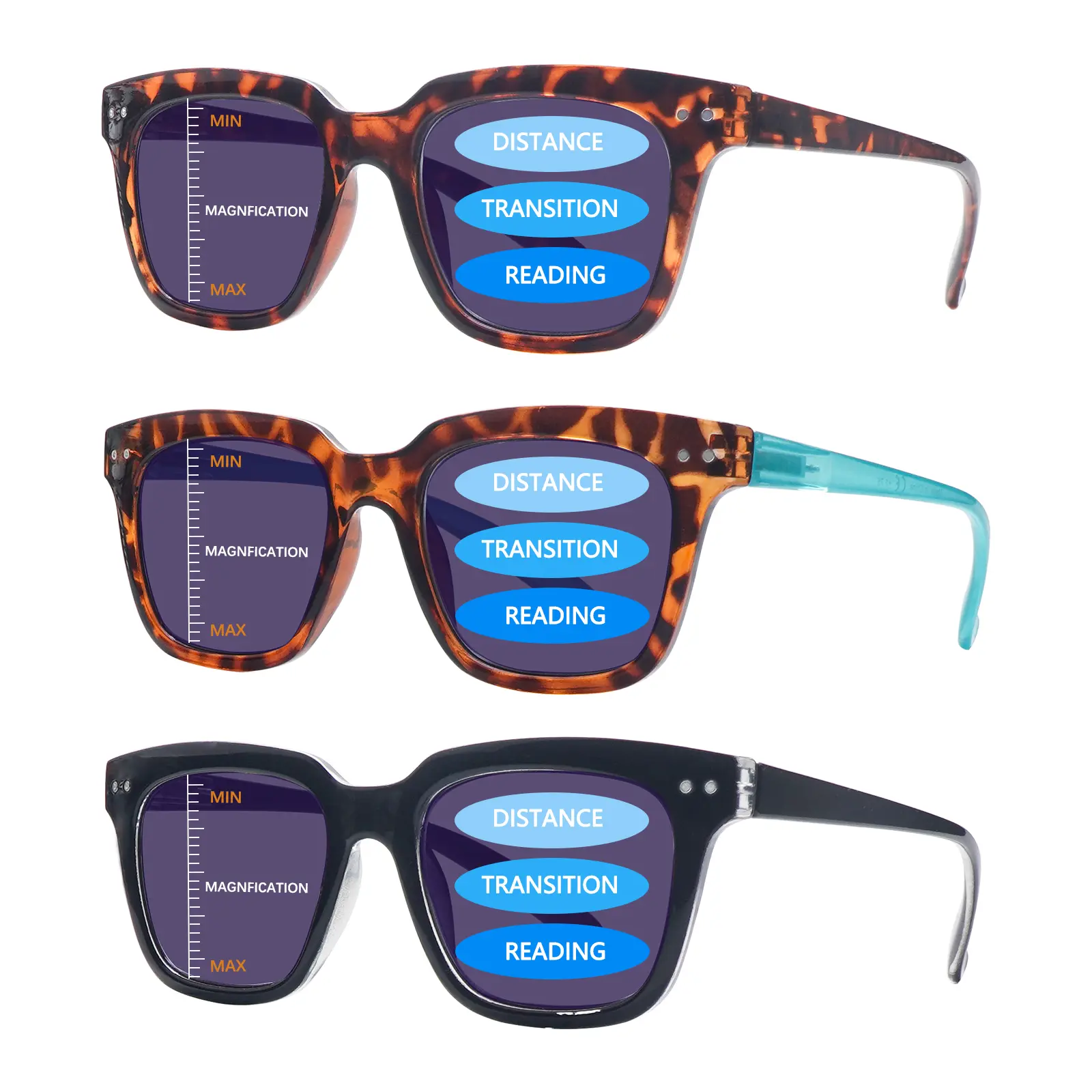 Set Of 3 Stylish Progressive Multifocal Blue-Light-Blocking Reading Sunglasses, Suitable For Men And Women, Featuring Rectangular Frames, Spring Hinges, And Durable Lenses—Perfect For Outdoor Activities, Fishing, Vacations, And More