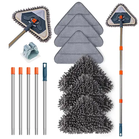 Handle-Mounted Adjustable Extendable Long Handle Durable Plastic Microfiber Mop - 360° Rotatable Swivel Head, 6 Reusable Washable Pads, Ceiling Fan Brush Function, Cleaning Tool for Baseboards & Floors (Home Care Cleaner Wand)