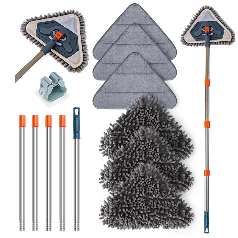 Handle-Mounted Adjustable Extendable Long Handle Durable Plastic Microfiber Mop - 360° Rotatable Swivel Head, 6 Reusable Washable Pads, Ceiling Fan Brush Function, Cleaning Tool for Baseboards & Floors (Home Care Cleaner Wand)