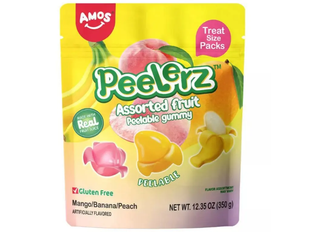 AMOS Peelerz Assorted Peelable Fruit Gummy Candy Variety Bag - Sweet, Juicy Mango, Banana, Peach Snacks - 14 Individually Wrapped Packs (12.35oz), Artificially Flavored Sweet Treat for Candy Lovers, Novelty Chewy Shareable Snack