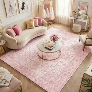 Area Rugs for Living Room, Washable Rug Vintage Boho Pink Rug Non Slip Low Pile Area Rugs for Bedroom Bedside Kitchen Nursery Dining, Room Rugs for Bedroom