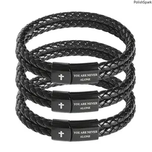 "You Are Never Alone" Cross Double Braided Leather Bracelet, Engraved Stainless Steel Buckle Wristband, Religious Christian Encouragement Gift For Men summervibes