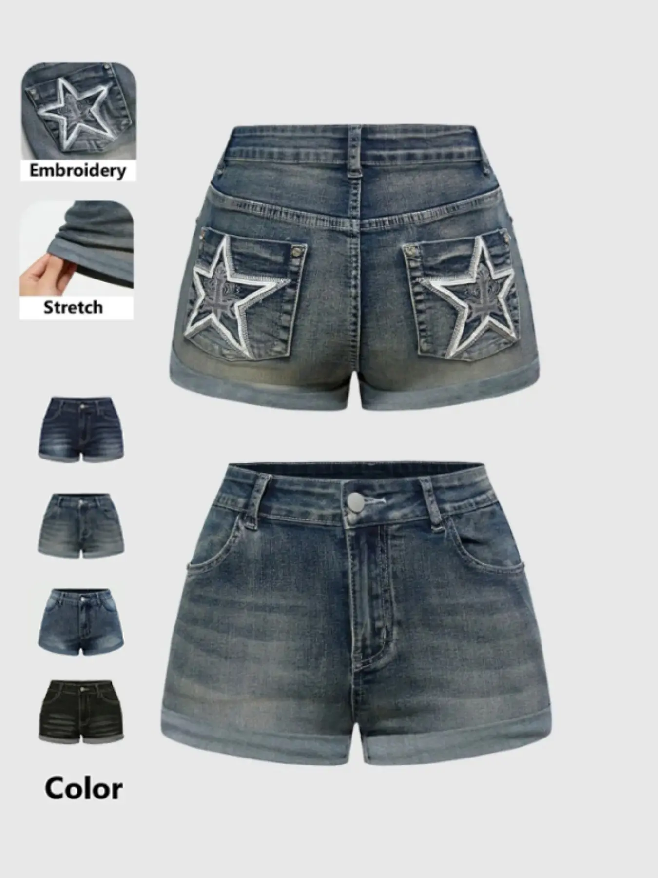 Women's Star Geometric Embroidered High-Waist Stretch Denim Summer Shorts, Aesthetic Street Style Jean Shorts for Outdoor Wear