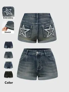 Star Geometric Embroidery High Waist Stretch Denim Shorts, Street Style Fashion Women's Jean Shorts, Perfect for Outdoor Wear