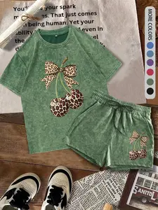 Two-Piece Set Women's Cherry & Letter Print Tee & Shorts, Casual Fitted Round Neck Short Sleeve T-Shirt & Shorts, Ladies Two-Piece for Daily Wear, Clothes