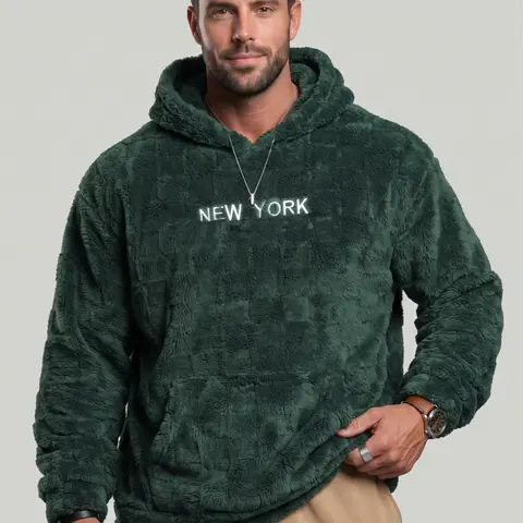 KZZ New York Menswear Cozy Hoodie Sweatshirt - Men's Stylish Long Sleeves Textured Fabric Slip-On Pullover, Front Embroidery Stands Out, Pocket, Loose Fit, No Fuss, Fall Winter Outfits, Christmas Gifts for Him