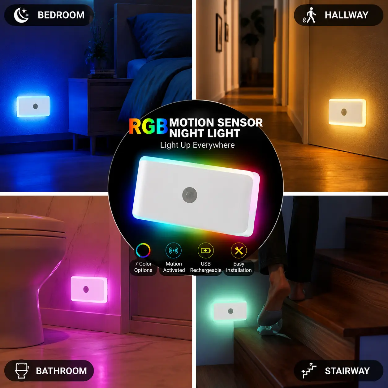 RGB Motion Sensor Night Light, USB Rechargeable Wireless LED Night Light, 7-Color Indoor Stair Lights for Hallway, Bedroom, Bathroom, Closet, Cabinet, Kitchen