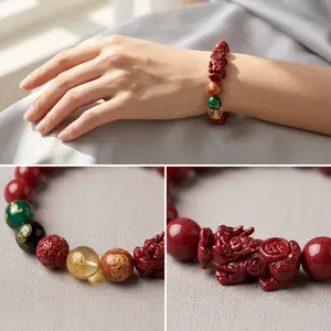 Five-Way Wealth Gods Cinnabar Bracelet Luck-Turning Bead Wristwear Auspicious Jewelry Gift for Men Women Black Green Red Yellow Wealth Gods