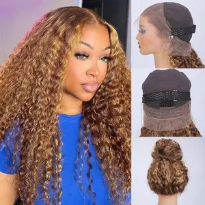 4/27 Highlight Ombre Hidden Strap 360 Drawstring Wigs Human Hair Pre Plucked Pre Bleached 180 Density Water Wave Full Lace Frontal Wig with Baby Hair 30Inch