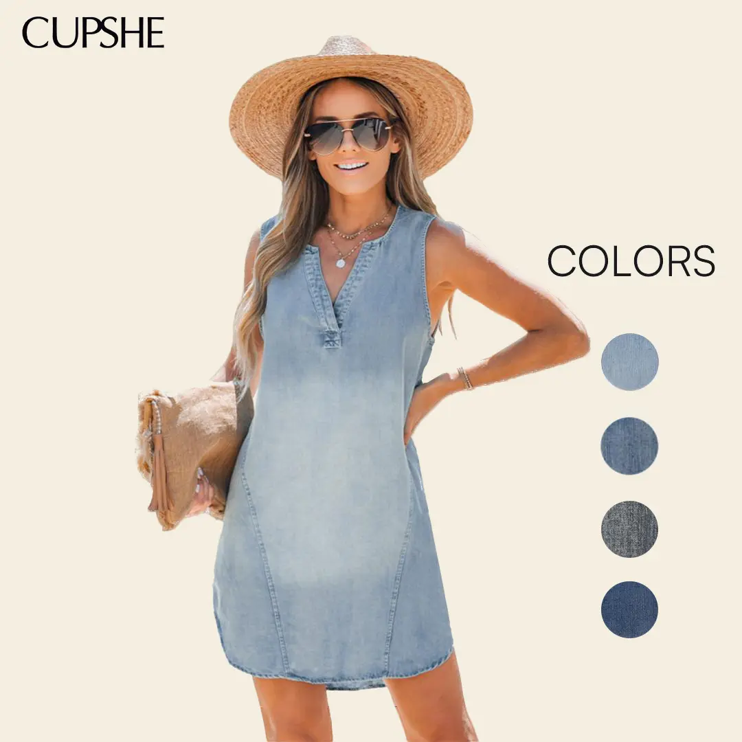 Cupshe Women's Woven 100% Cotton V-Neck Denim Dress, Sleeveless Mini Birthday Outfit for Weekend Brunches and Beach Outfits, Casual Wear, Woven Texture, Basic tiktokshopbacktoschool, M