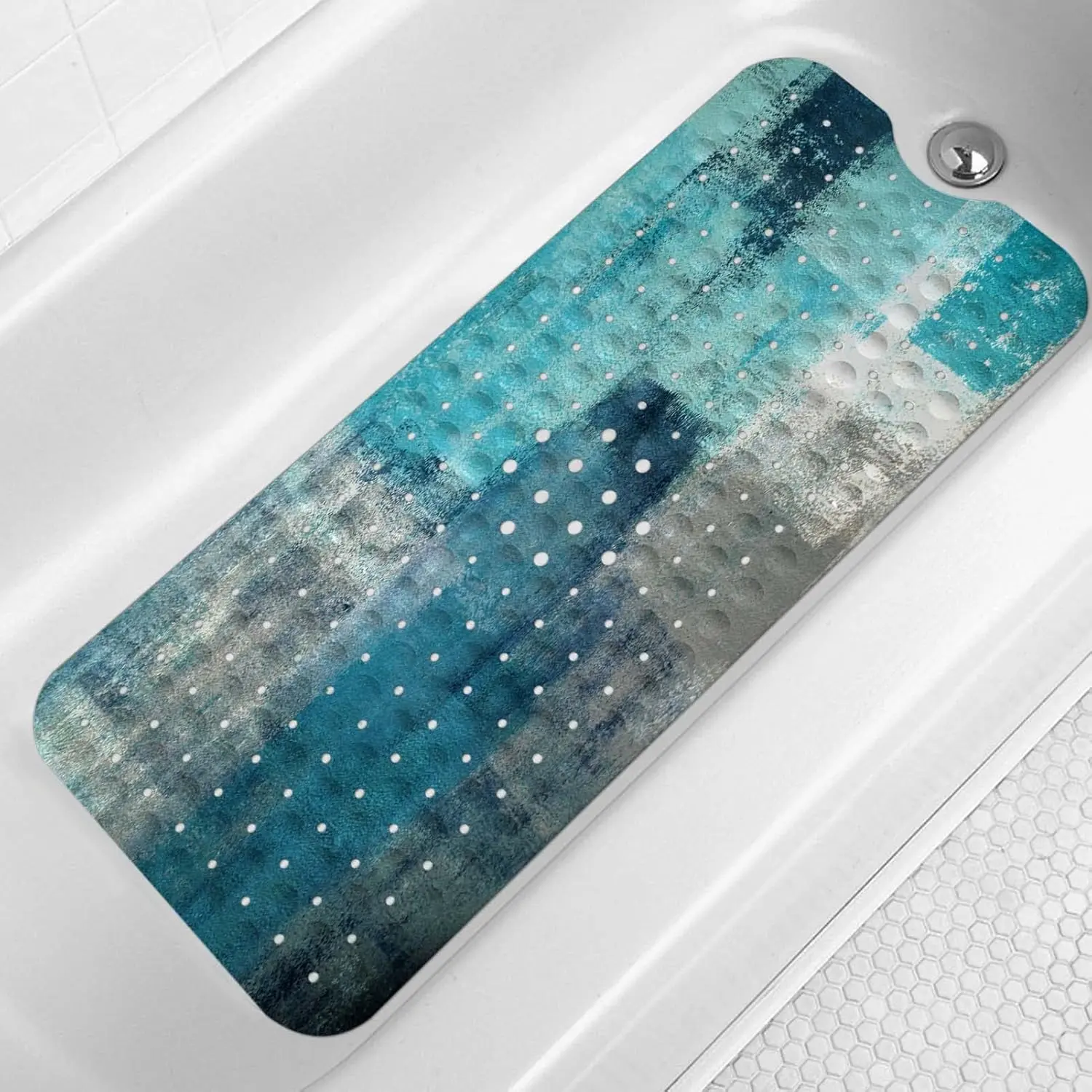Turquoise Bathtub Mat Non Slip, 40 X 16 Inch Tub Mat for Bathroom, Abstract Art Bath Tub Shower Mat with Drain Holes and Suction Cups
