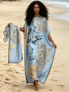 Women's Bohemian Kaftan Dress Set, Loose-Fit Long Robe Skirt with Scarf, Casual All-Season, Elegant Party & Vacation Wear