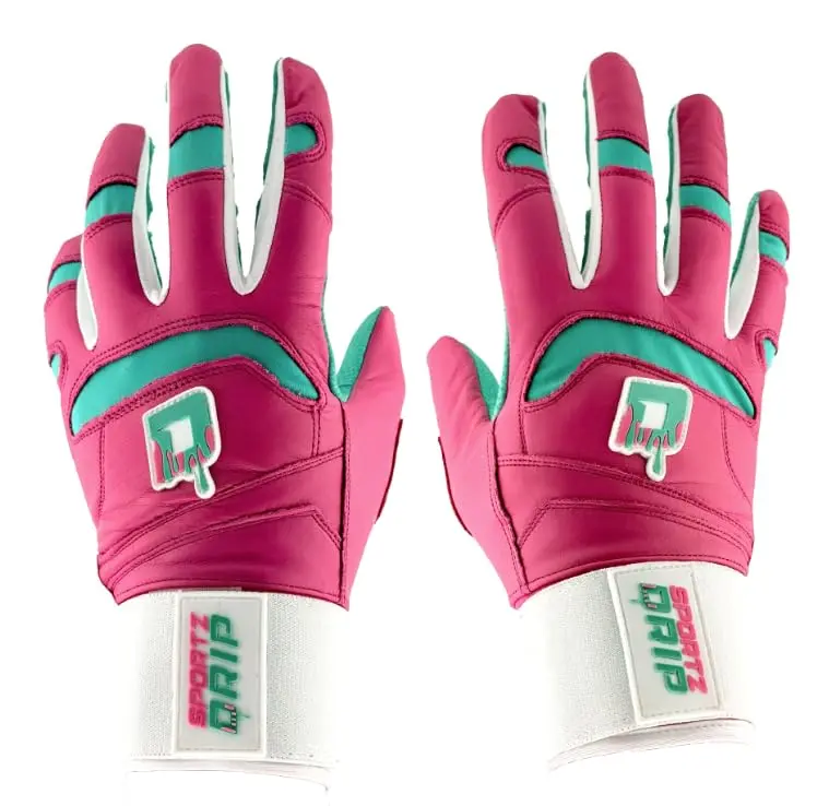 Sportz Drip Genuine Leather Batting Gloves - Pink Teal, Unisex Youth/Adult Sizes XS-XL, Hook Loop Closure, Slip Resistant, Softball Training Aid, Sports Training Equipment for Baseball/Softball, Adult Large/Extra Large