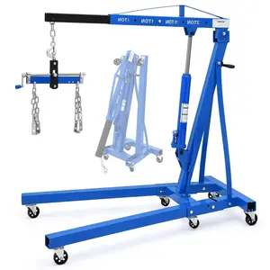 Engine Hoist with Lever, 2 T 4000 Lbs Heavy Duty Folding Cherry Picker Engine Lift Hydraulic Tilting Engine Shop Crane with 6 Iron Caster Wheels Telescopic Boom Hitch, Blue