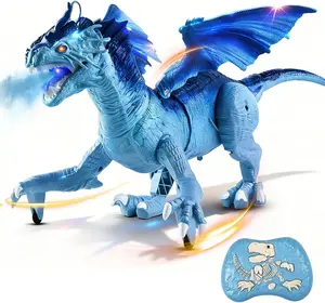 Remote Control Dragon Dragon for Kids with Spraying Roaring, Swaying Head, Wings Light-Up Interactive Robot Dinosaur Toys for Boys and Girls Blue fire  breathing  dragon