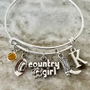 Country Girl Charm Bracelet Pink Cowboy Boot Adjustable Expandable Silver Bangle Horseshoe Ladybug One Size Fits All Gift
