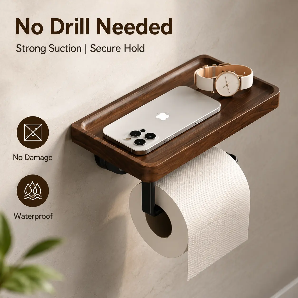 Walnut Wood Suction Cup Toilet Paper Holder with Shelf | No Drill Bathroom Organizer for Renters