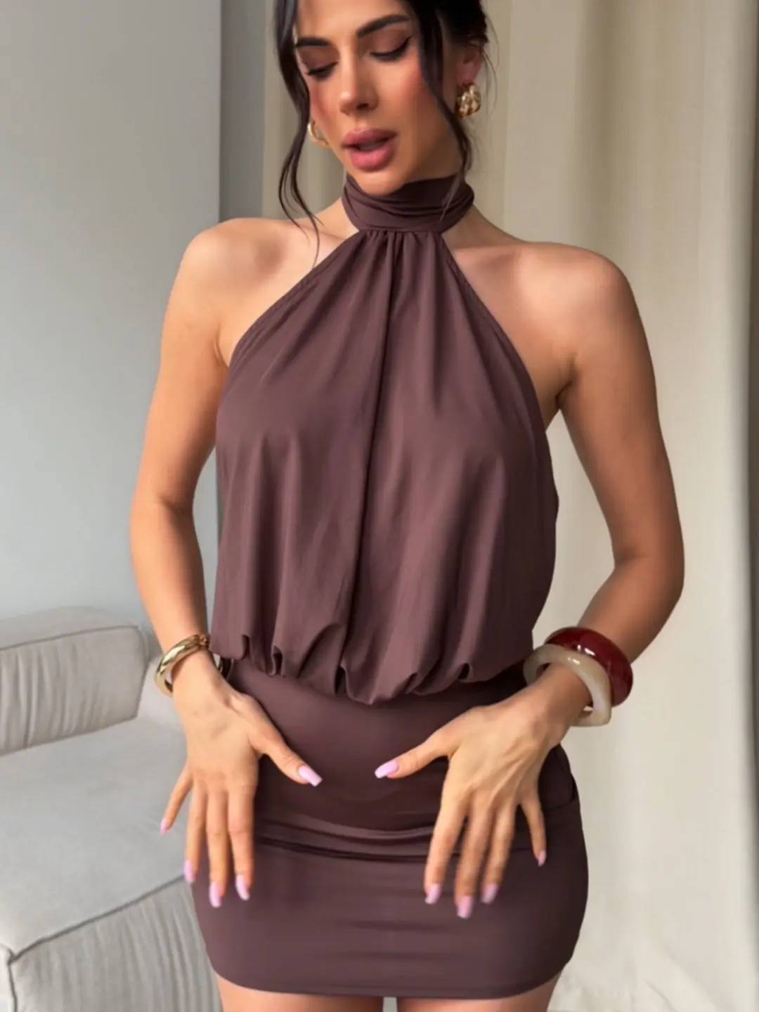 StevenElla Really Nice Halter Neck Tie Up Open Back Fitted Skirt Bodycon Dress Womenswear Party