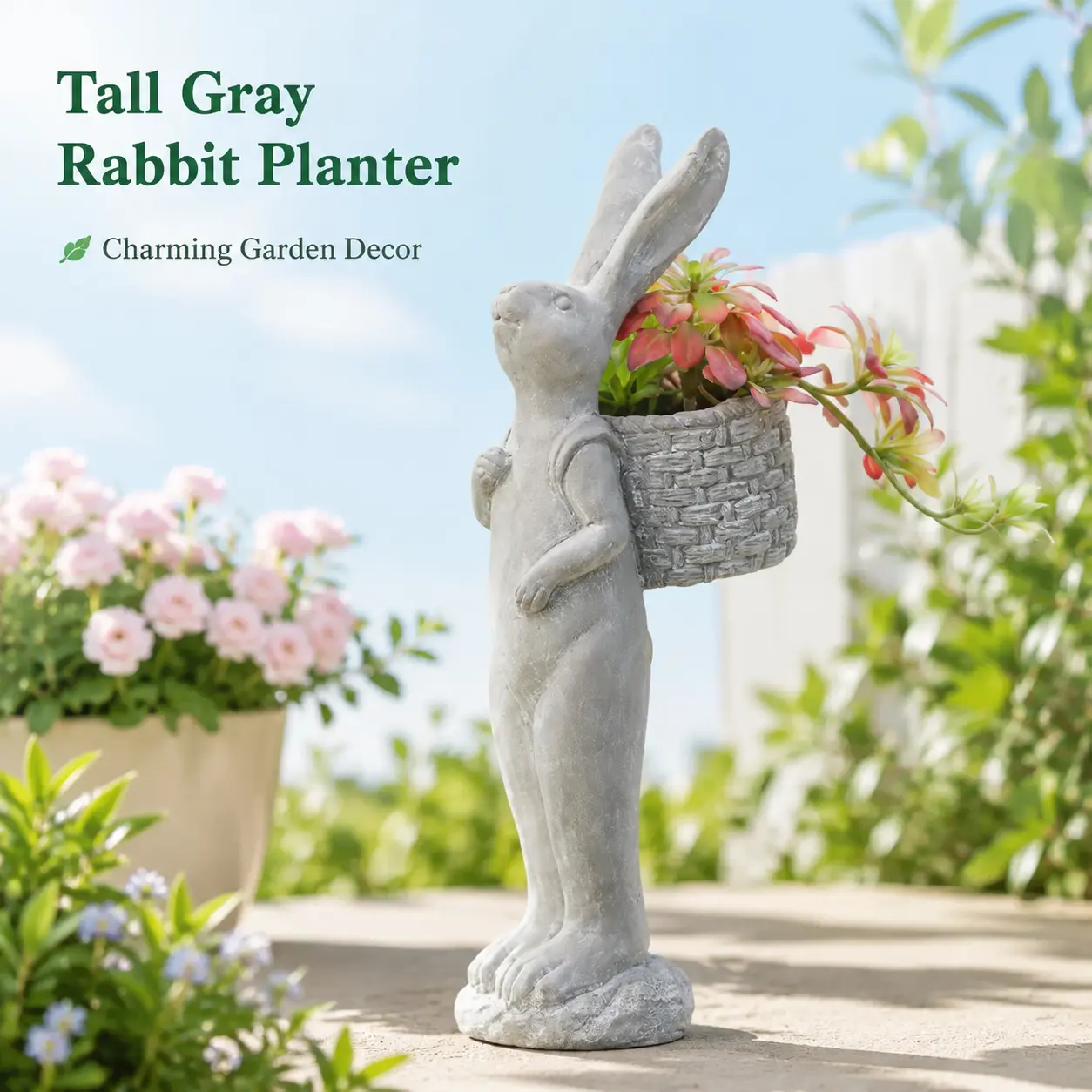 littleox 8.5x5.5x19.5" Tall Gray Cement Rabbit Basket Planter