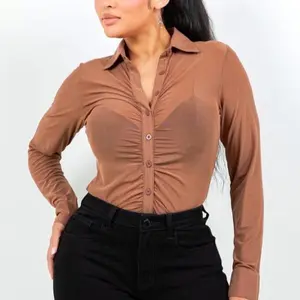Women's Brown Spandex-Polyester Blend Ruched Long-Sleeve Button-Up Blouse - Casual Chic Top, Women's Shirts