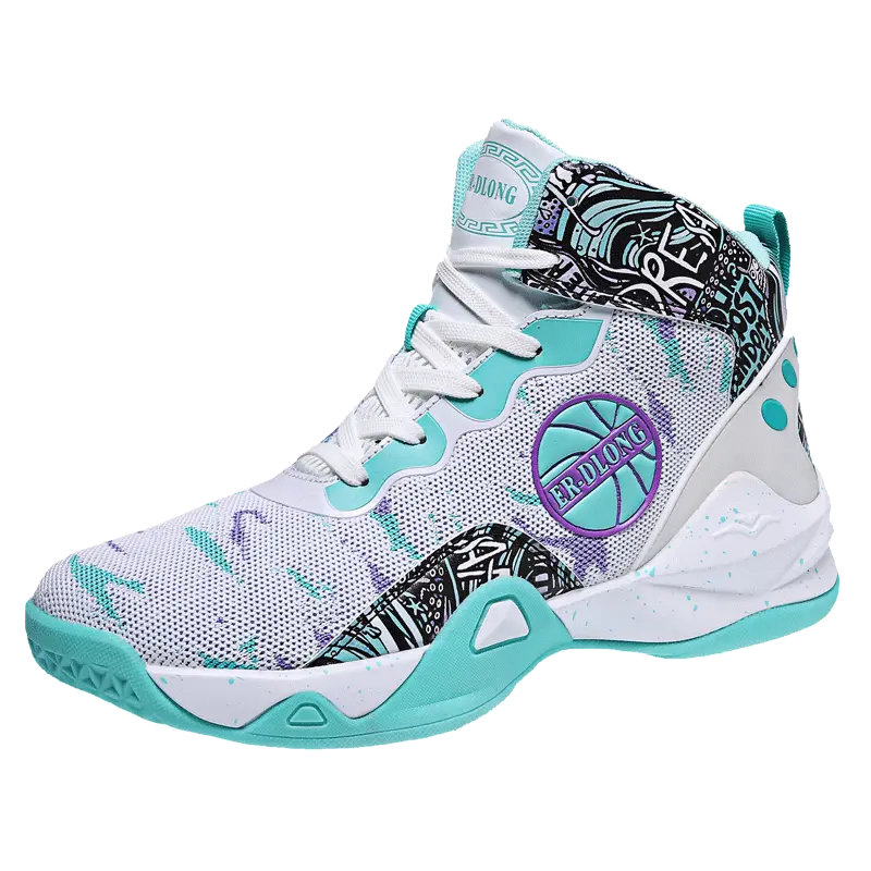 Men's High-Top Basketball Gym Shoes, Breathable White & Purple Irregular Color Mixing Anti-Slip Athletic Hoop Shoes, Gym Shoe