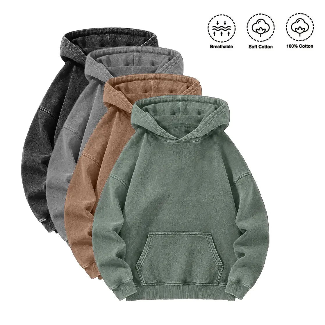 Men’s heavyweight acid-wash pure cotton hooded sweatshirt; women’s and men’s same style, suitable for autumn and winter wear.