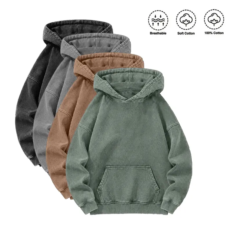 Men's Heavyweight Acid-Wash Pure Cotton Longsleeves Loose-Fit Medium Cut Hooded Pullover Sweatshirt - Unisex Autumn Winter Casual Top, Back to School Outfit, Menswear Essential