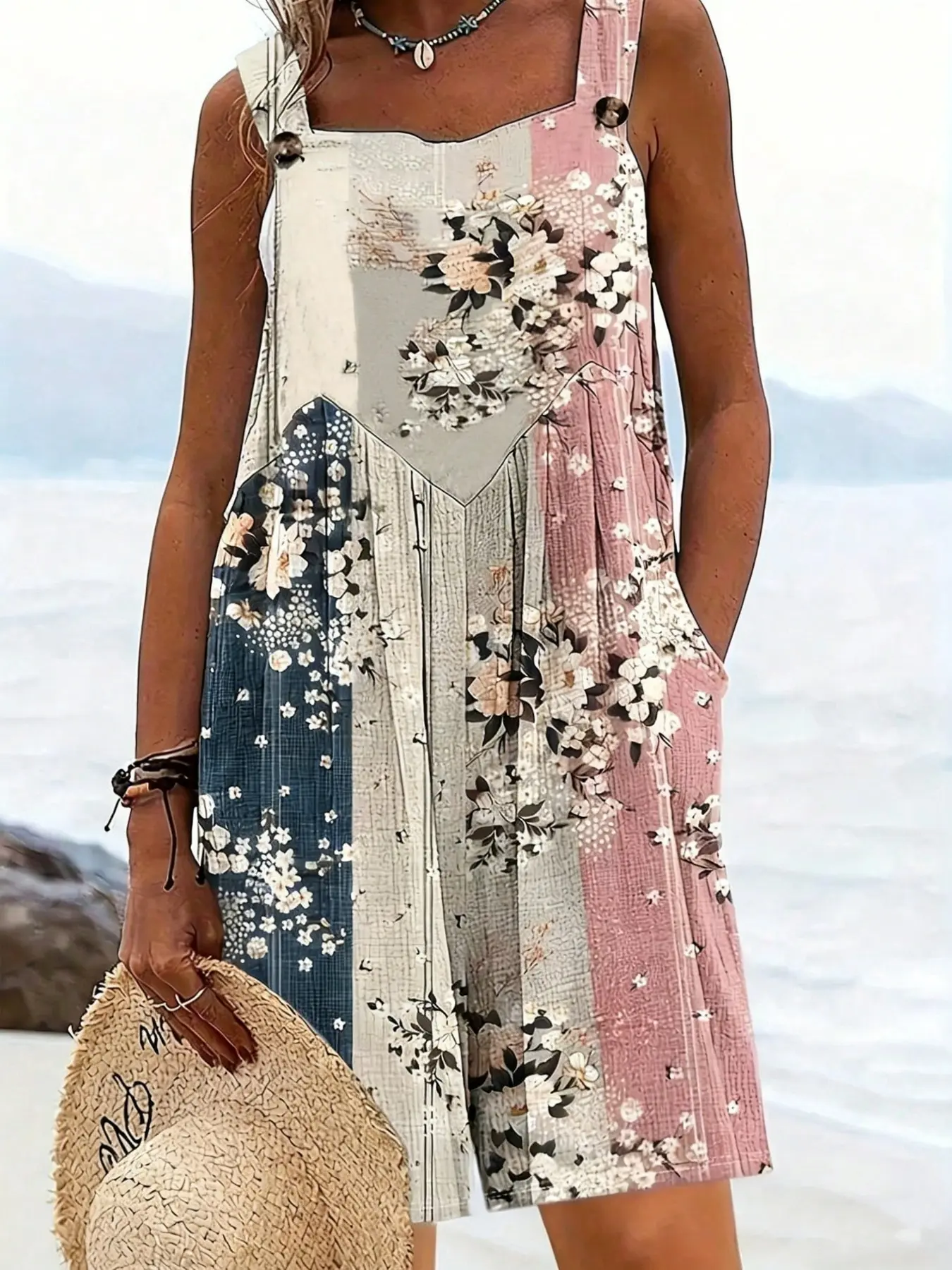 Plus Size Women's Lightweight Breathable Patchwork Floral Sleeveless Loose Fit Casual Boho Bohemian Romper, Y2K Summer Beach Daily Wear