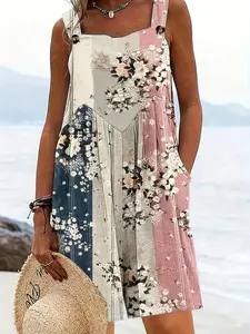 Patchwork Floral Overalls Romper, Bohemian Dungarees, Plus Size Casual Sleeveless Loose Fit Jumpsuit, Lightweight Breathable Fabric, Y2K Clothes Summer Vacation Outfits, Beach Daily Wear, Comfortable Relaxed Fit Bohemian Ensembles, Mixed Pattern Detai
