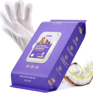 Pet Cleaning Deodorizing Gloves Grooming Wipes, Cat Dog Universal Vet Recommended, Hypoallergenic Moisturizing, 20 Pcs Coconut Scented